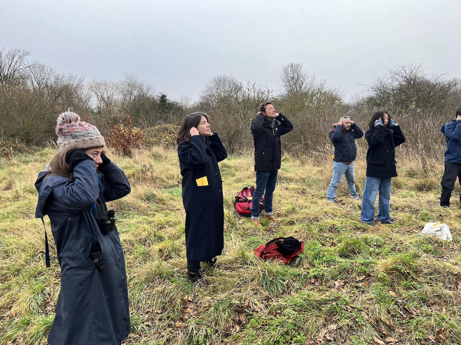 Embodiment activities and getting the blood flowing on Artecology walk #1. Midwinter on the Welsh Harp. Credit: Ben Elford